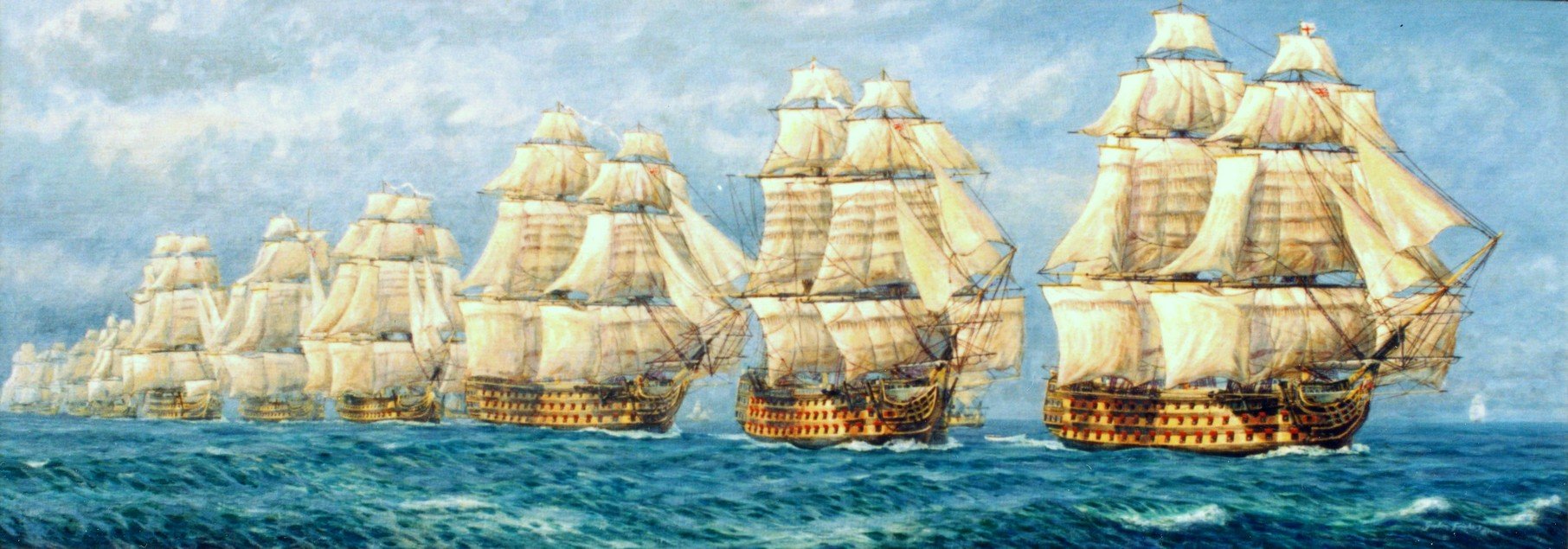 Form Line of Battle, Nelson was a man who lead from the front hence this impressive sight, a maritime painting with HMS HMS Victory leading her division.